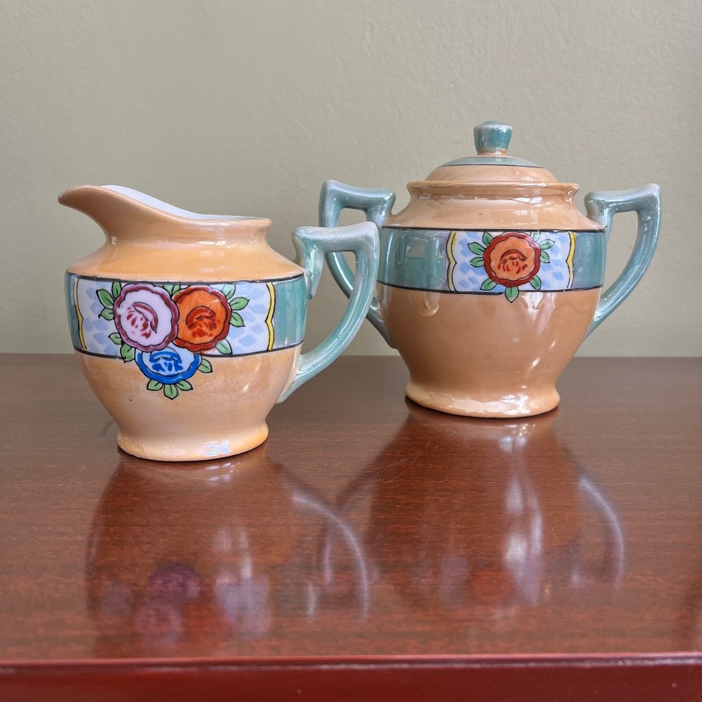 Vintage Trico Floral Lustreware Cream and Sugar